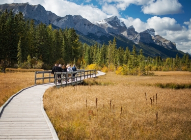 a group of people walking along policeman's creek boardwalk in the summer with Rundle Range in the background