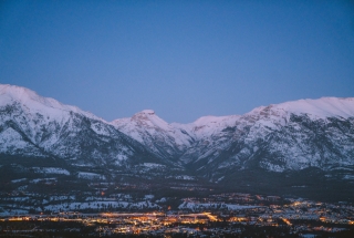a wintry night overlooking the town of Canmore