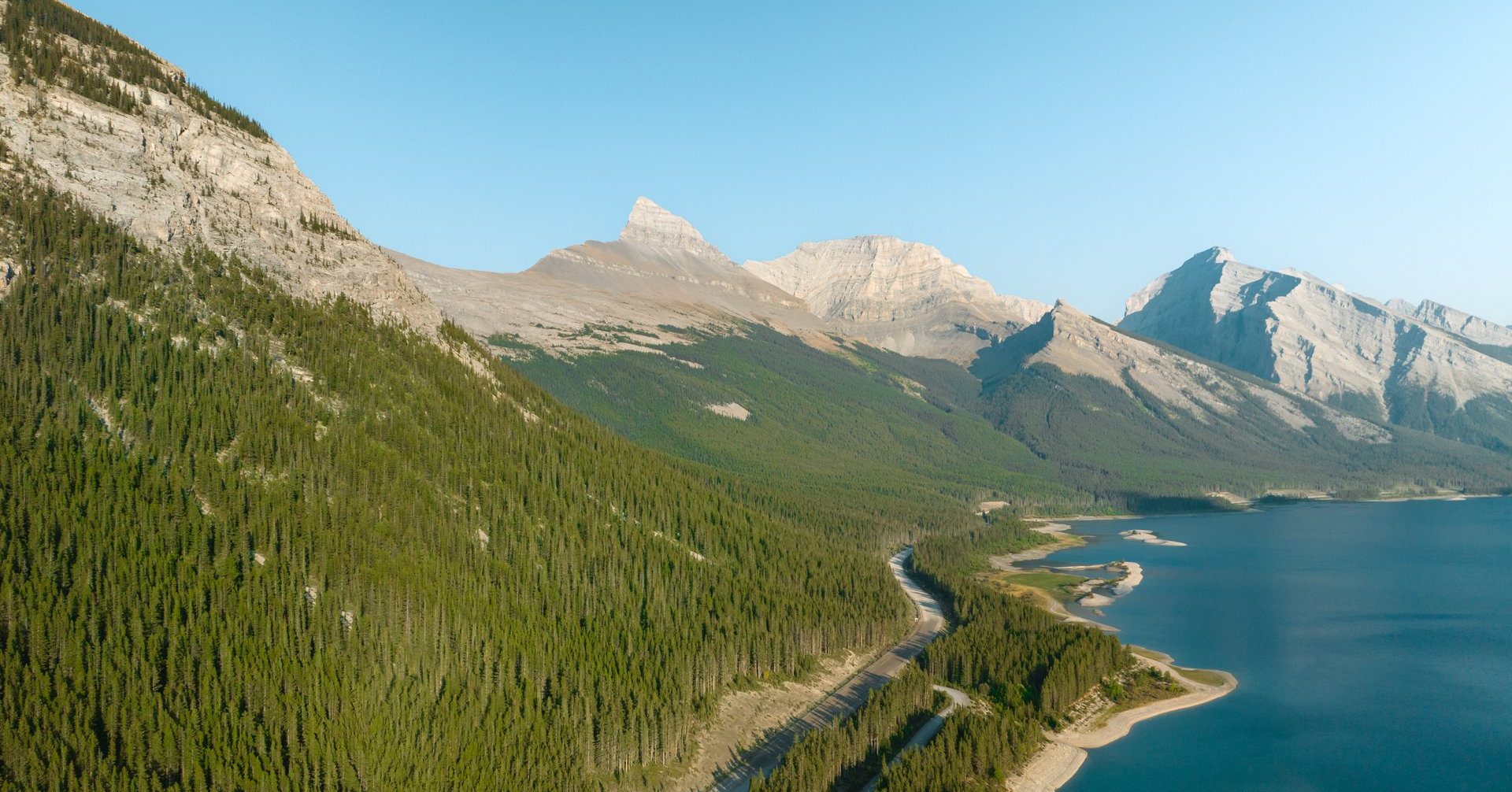 a drone shot of kananaskis country and spray lakes in the summer