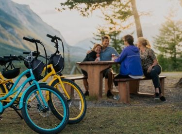 a group enjoying a post-bike ride picnic in the summer