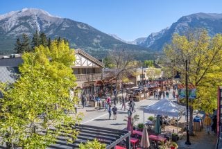 an aerial shot of Canmore's Main Street