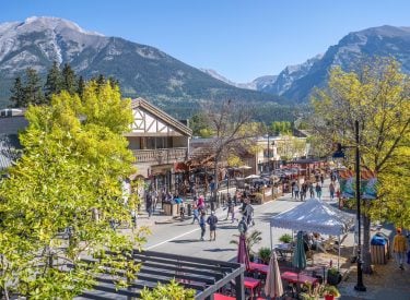 an aerial shot of Canmore's Main Street