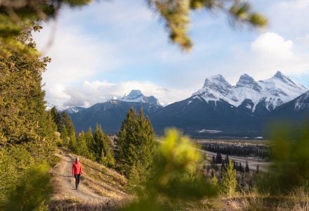 a person walking on trails in Canmore in the spring with the Three Sisters Mountains in the background