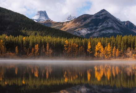 Fog over the water at Wedge Pond in Kananaskis with fall colours