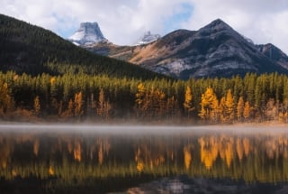 Fog over the water at Wedge Pond in Kananaskis.