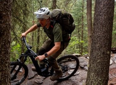 A biker on a trail in the forest