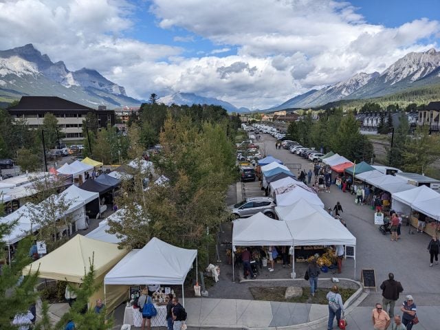 Aerial view of the Canmore Mountain Market