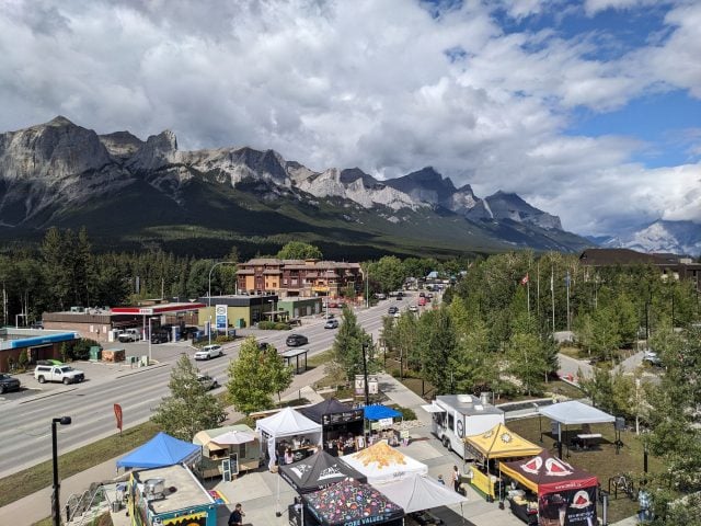 Aerial view of the Canmore Mountain Market